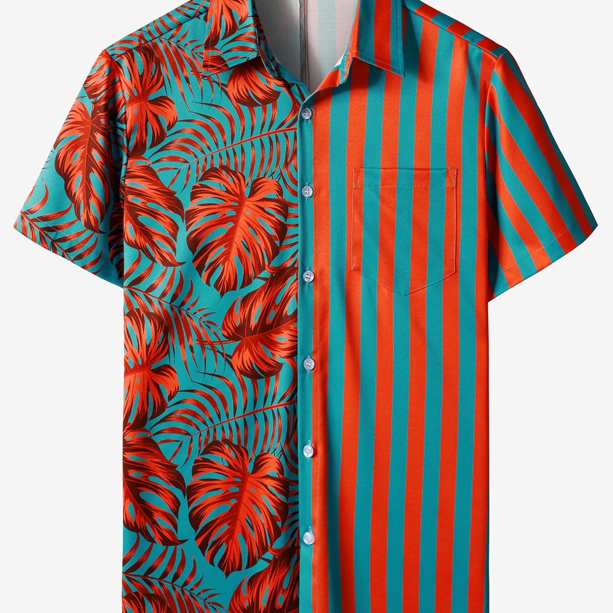 Men's Tropical Plant Leaf And Striped Print Hawaiian Short Sleeve Aloha Shirt