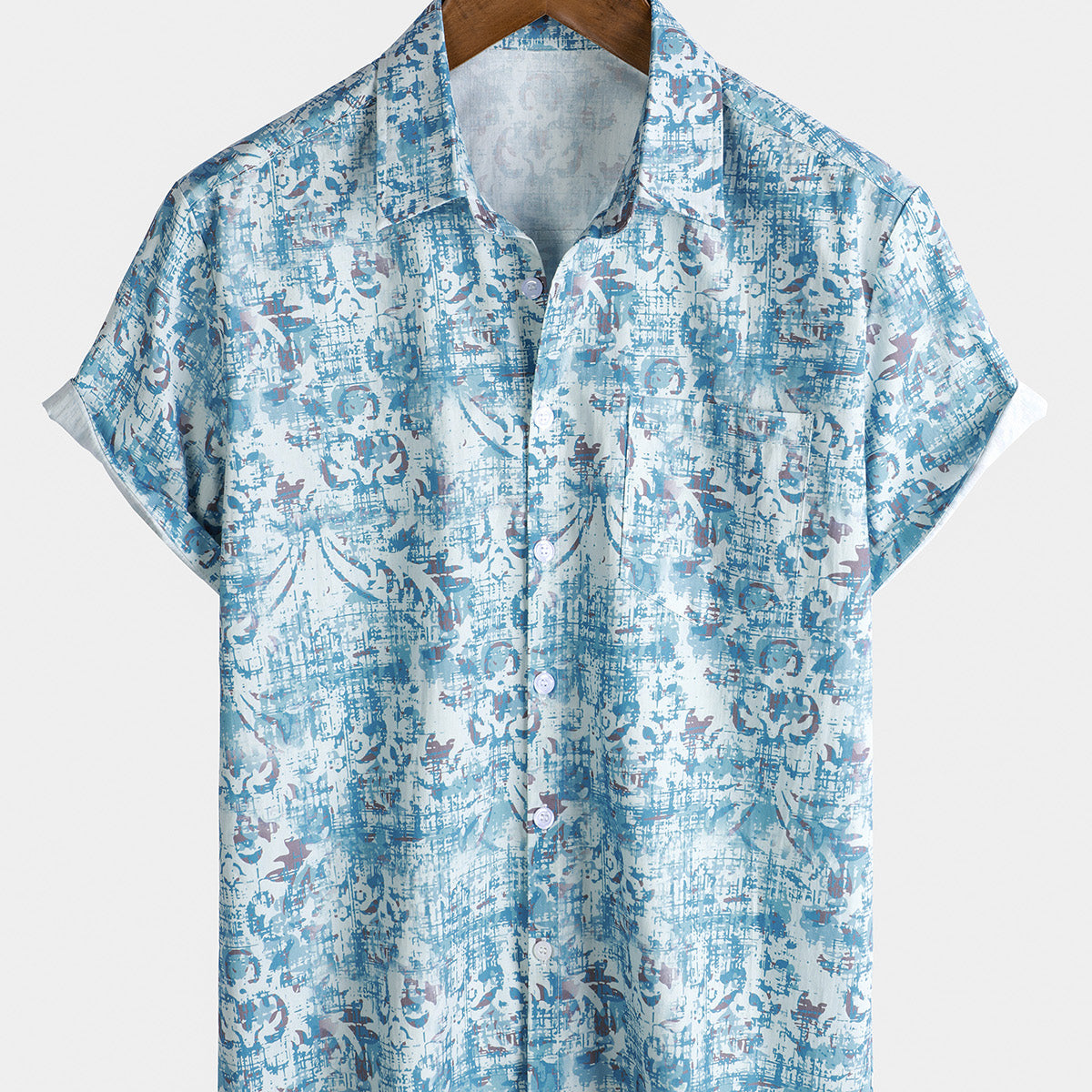 Men’s Blue Leaf Pattern Short Sleeve Shirt main image 0