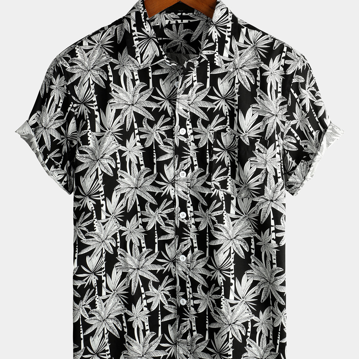 Men's Black Casual Hawaiian Short Sleeve Cotton Shirt