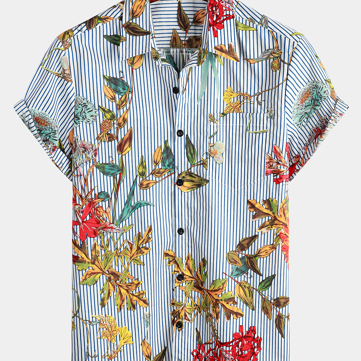 Men's Striped & Floral Print Hawaiian Pocket Short Sleeve Shirt