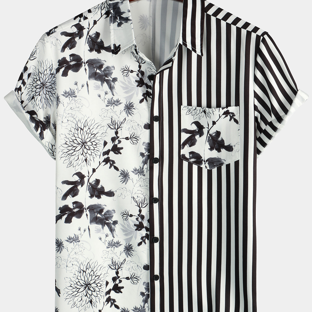 Men's Black & White Striped & Floral Print Flower Summer Short Sleeve Button Up Shirt