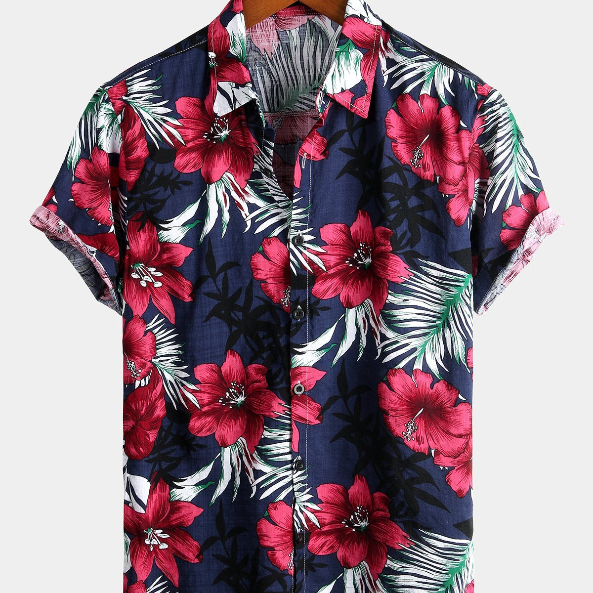 Men's Tropical Hawaiian Floral Cotton Navy Blue Shirt