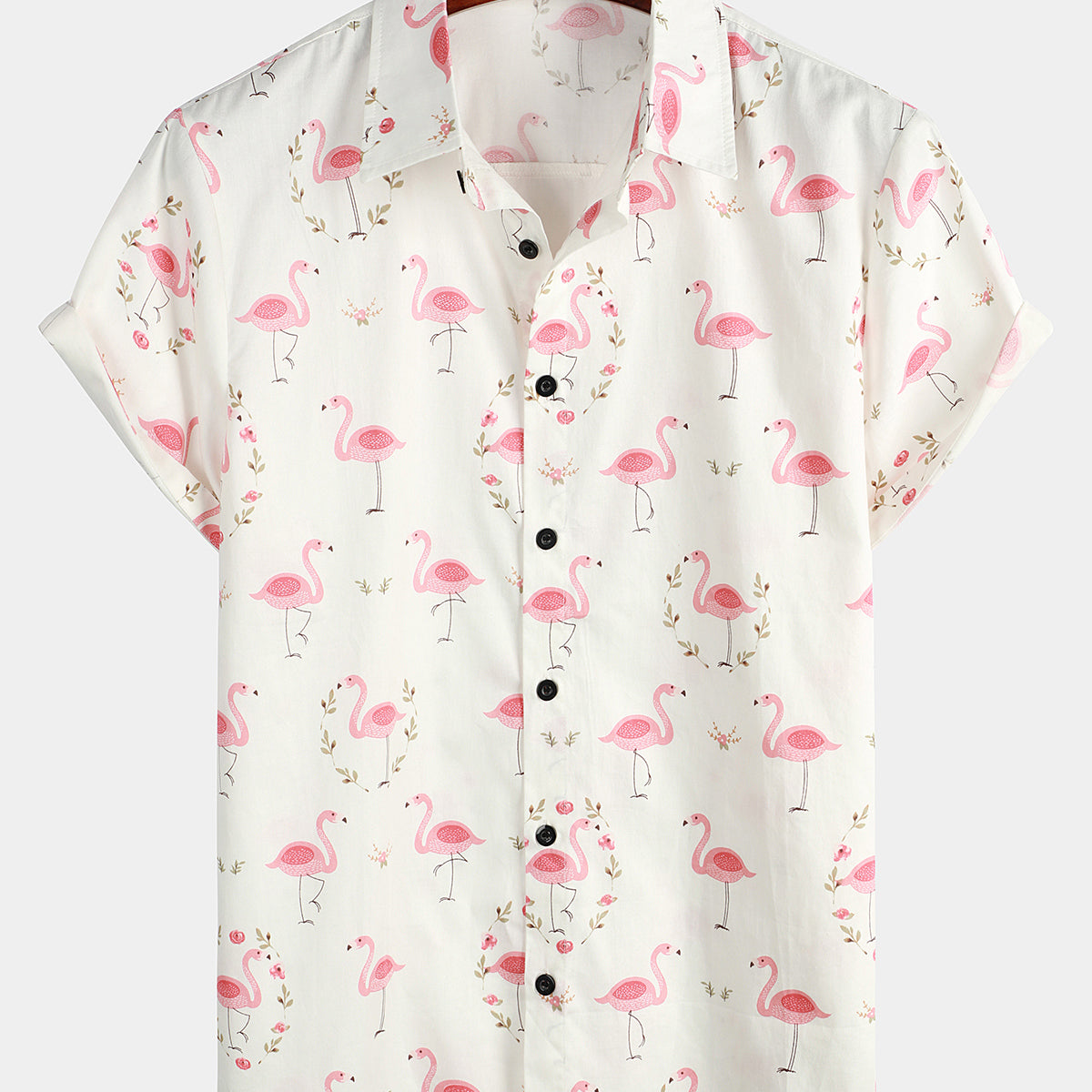 Men's Casual Cotton Flamingo Print Short Sleeve Shirt