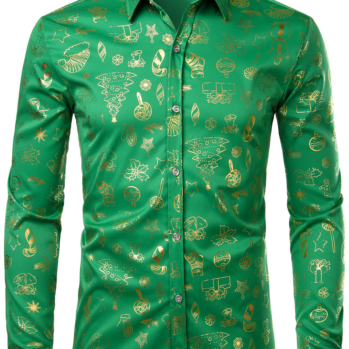 Men's Christmas Print Regular Fit Green Long Sleeve Dress Shirt