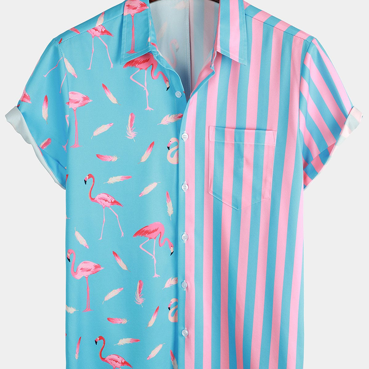 Men's Flamingo & Striped Patchwork Casual Pocket Shirt