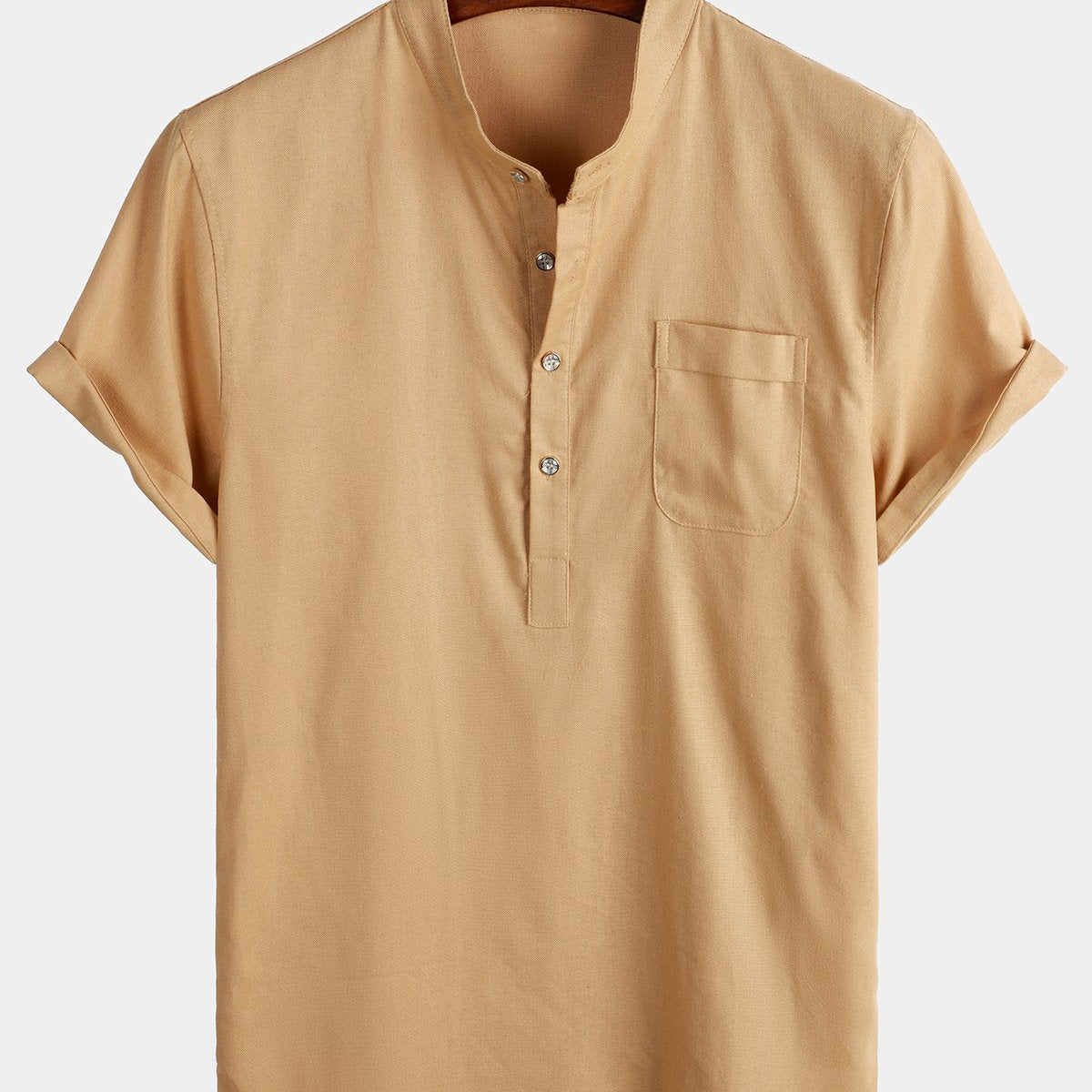 Men's Solid Color Stand Collar Half Button Pocket Front Linen & Cotton Shirt