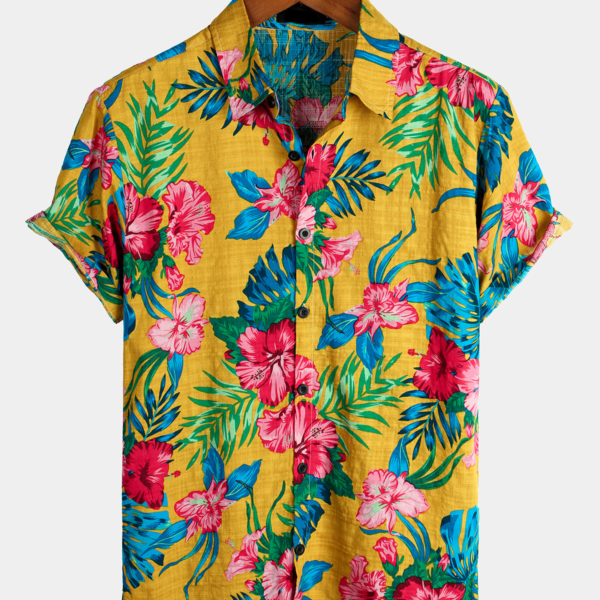 Men's Floral Tropical Hawaiian Yellow Short Sleeve Shirt