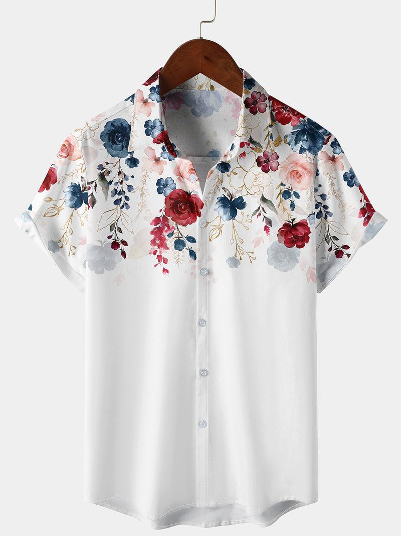 Men's White Floral Print Short Sleeve Button Up Summer Resort Hawaiian Shirt