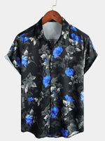 Men's Summer Casual Blue Floral Button Up Short Sleeve Holiday Cool Beach Shirt