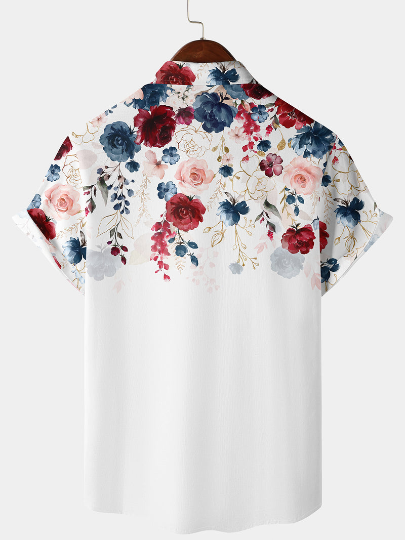 Men's White Floral Print Short Sleeve Button Up Summer Resort Hawaiian Shirt