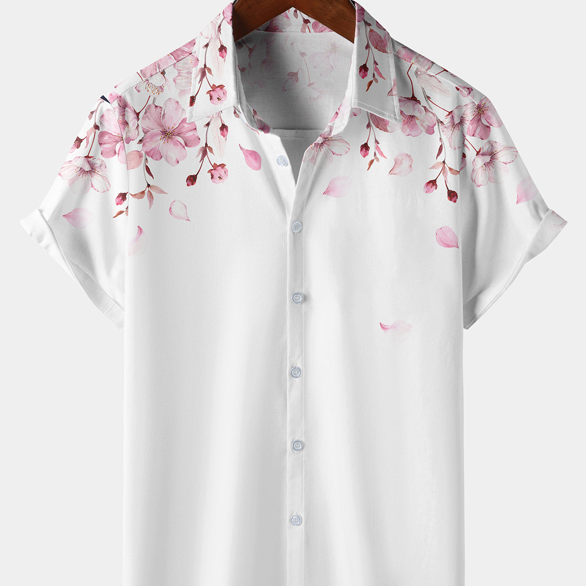 Men's Pink Floral Print Cherry Blossom Short Sleeve Button Up Summer Resort Hawaiian Shirt
