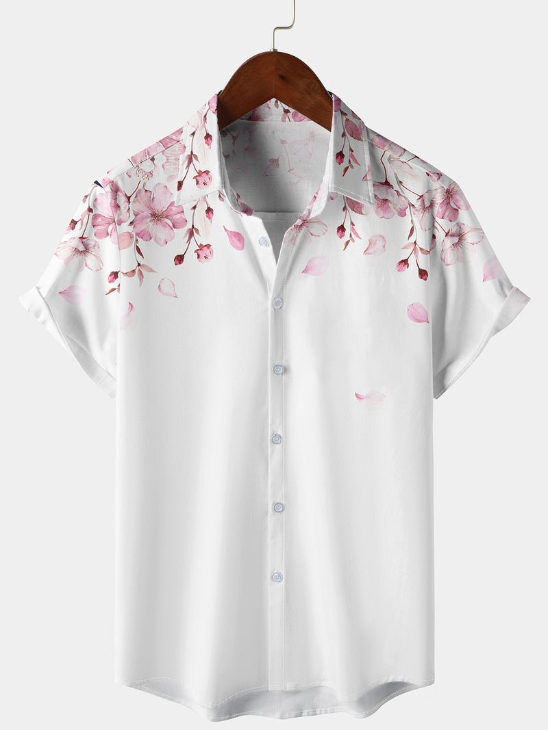 Men's Pink Floral Print Cherry Blossom Short Sleeve Button Up Summer Resort Hawaiian Shirt
