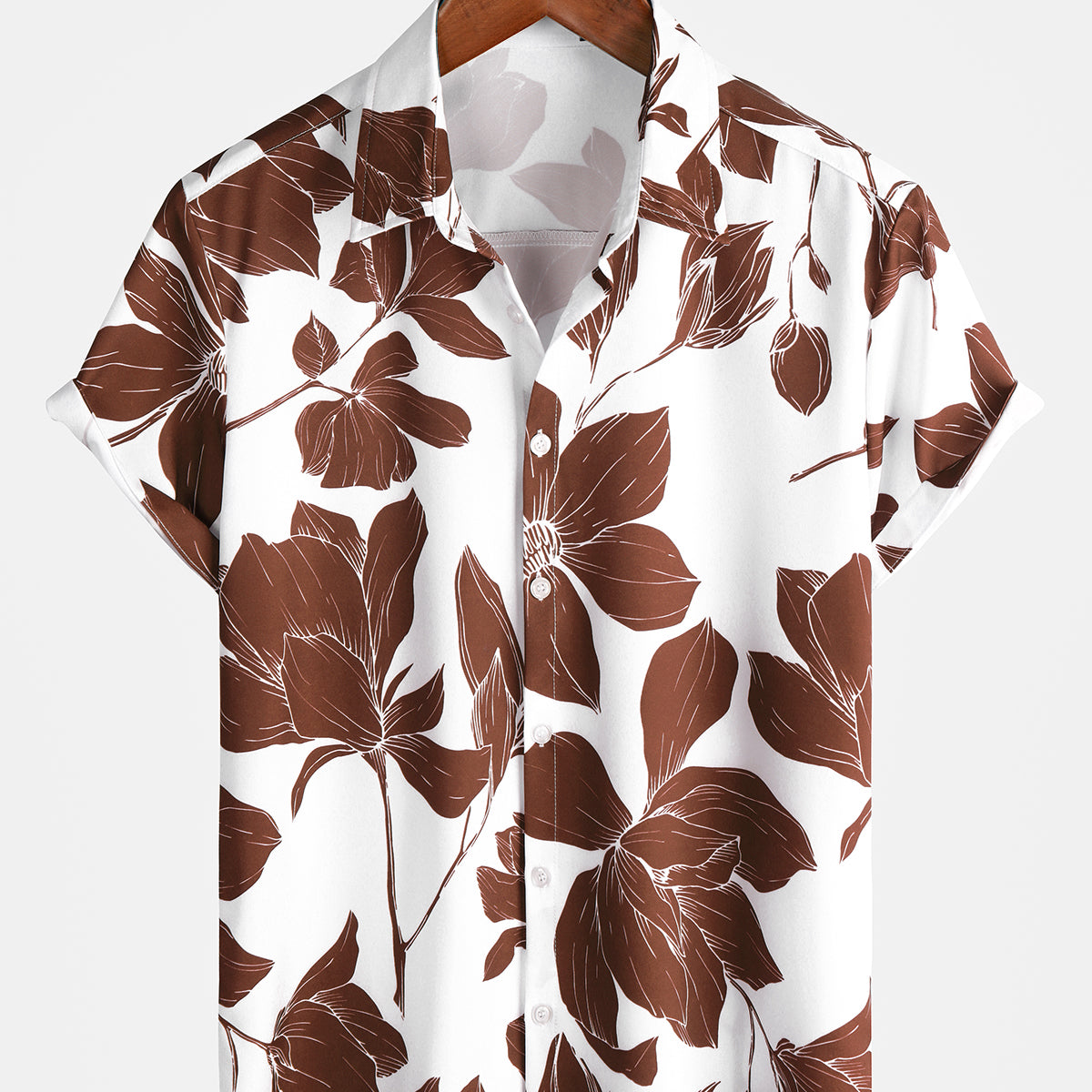 Men's Summer Casual Brown Floral Button Up Short Sleeve Holiday Cool Beach Shirt