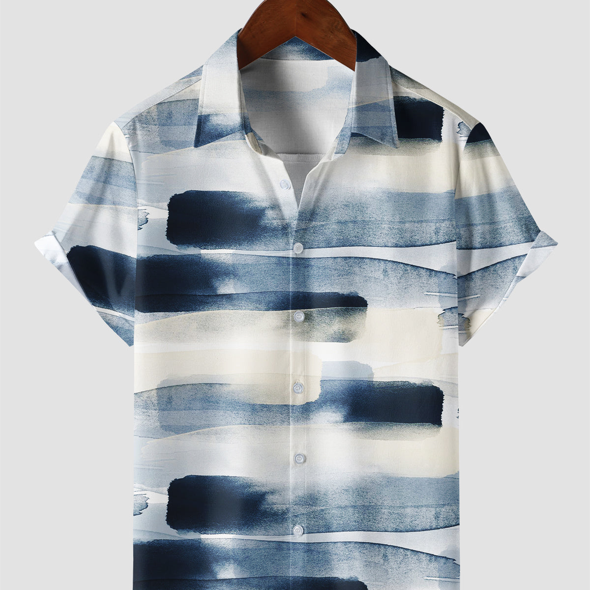 Men's Retro Abstract Watercolor Striped Gradient Short Sleeve Button Up Beach Vintage Shirt