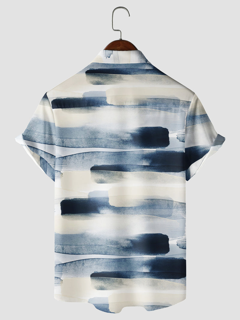 Men's Retro Abstract Watercolor Striped Gradient Short Sleeve Button Up Beach Vintage Shirt