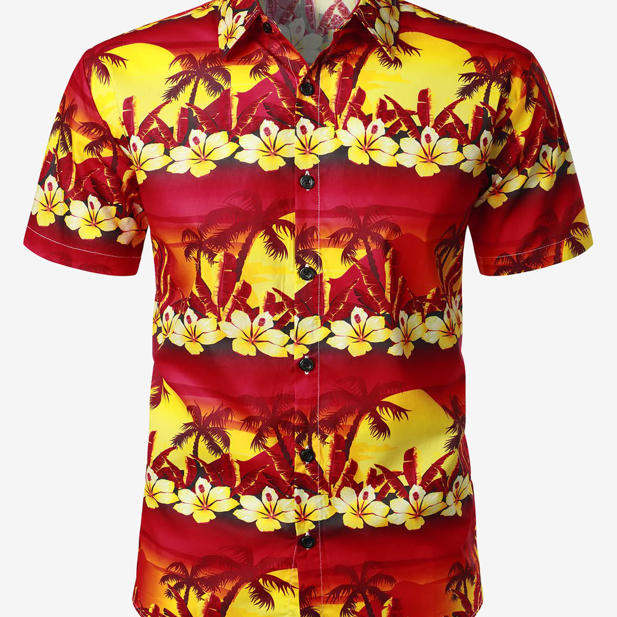 Men's Red Hawaiian Cotton Holiday Tropical Palm Tree Floral Short Sleeve Beach Button Shirt