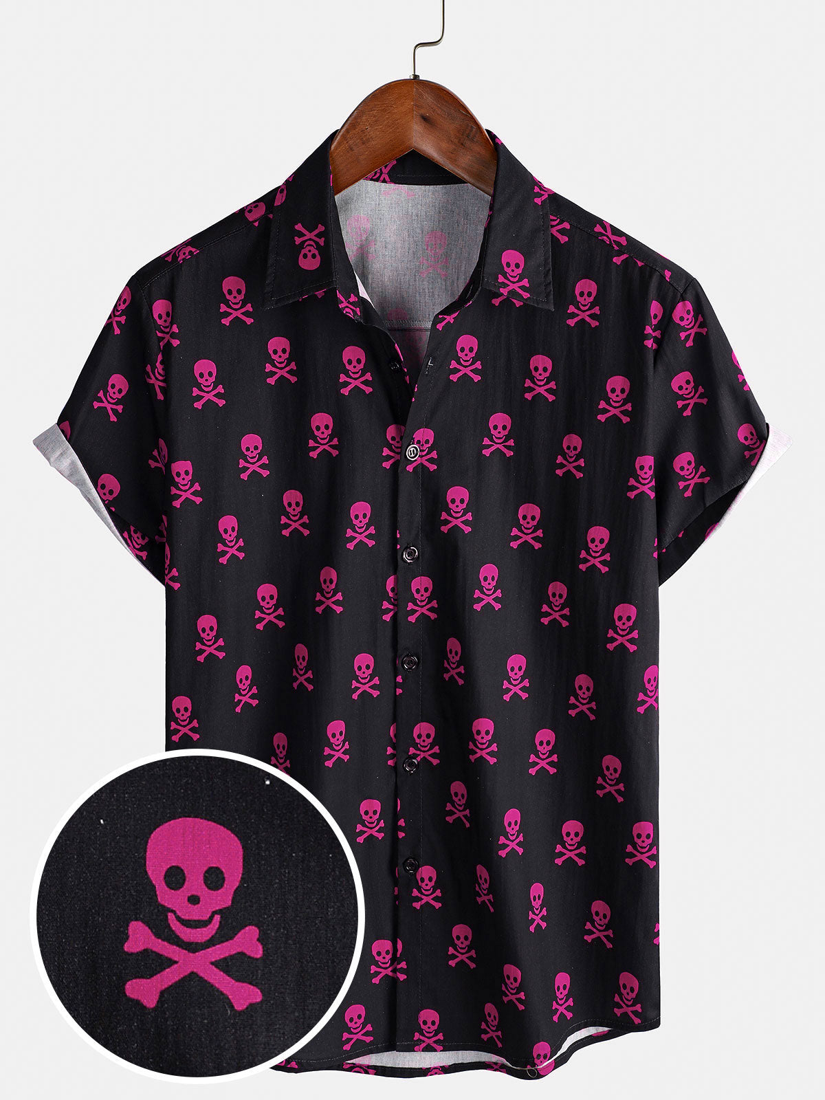 Men's Pink Skull Punk Rock Holiday Cotton Breathable Cool Summer Short Sleeve Shirt