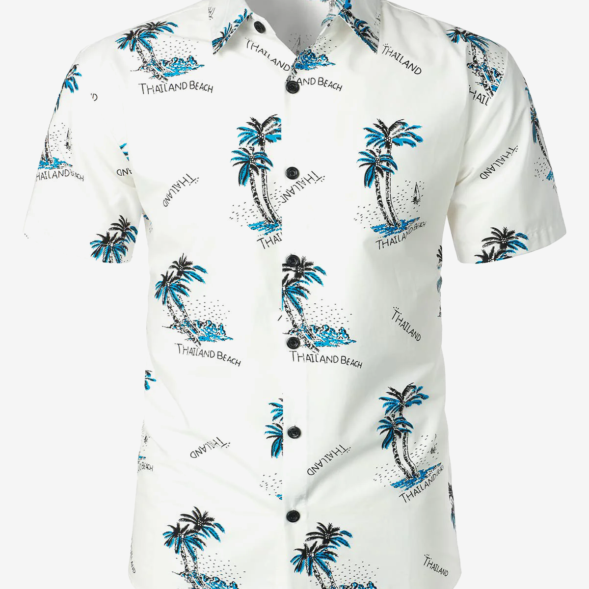 Men's White Hawaiian Palm Tree Island Print Summer Casual Short Sleeve Shirt