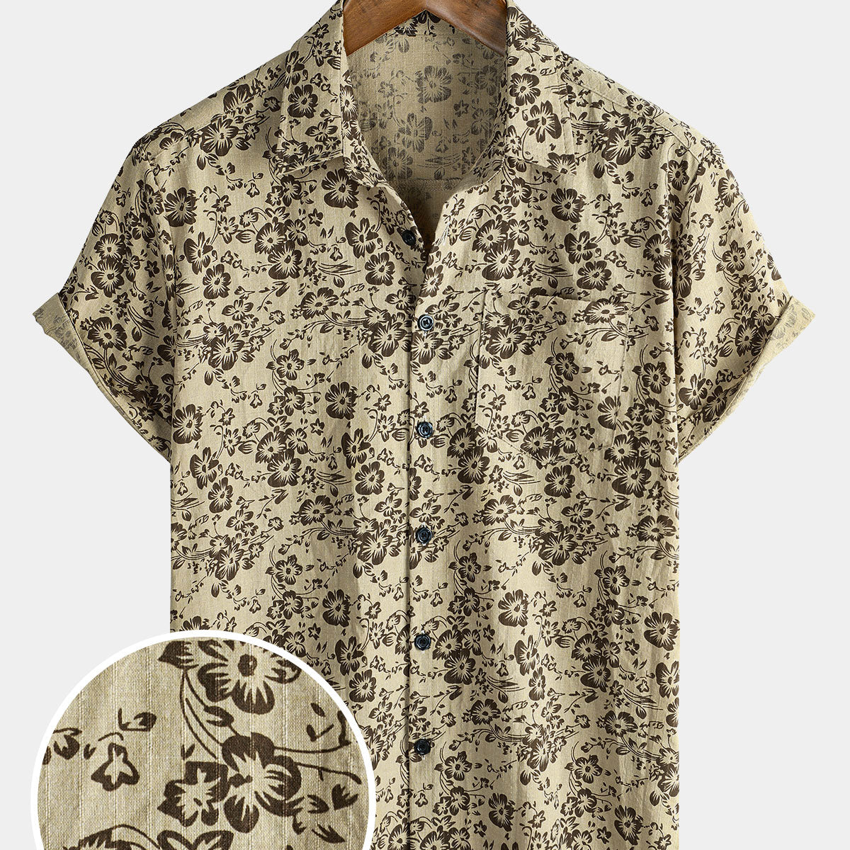 Men's Vintage Khaki Floral Holiday Beach Cotton Pocket Short Sleeve Shirt
