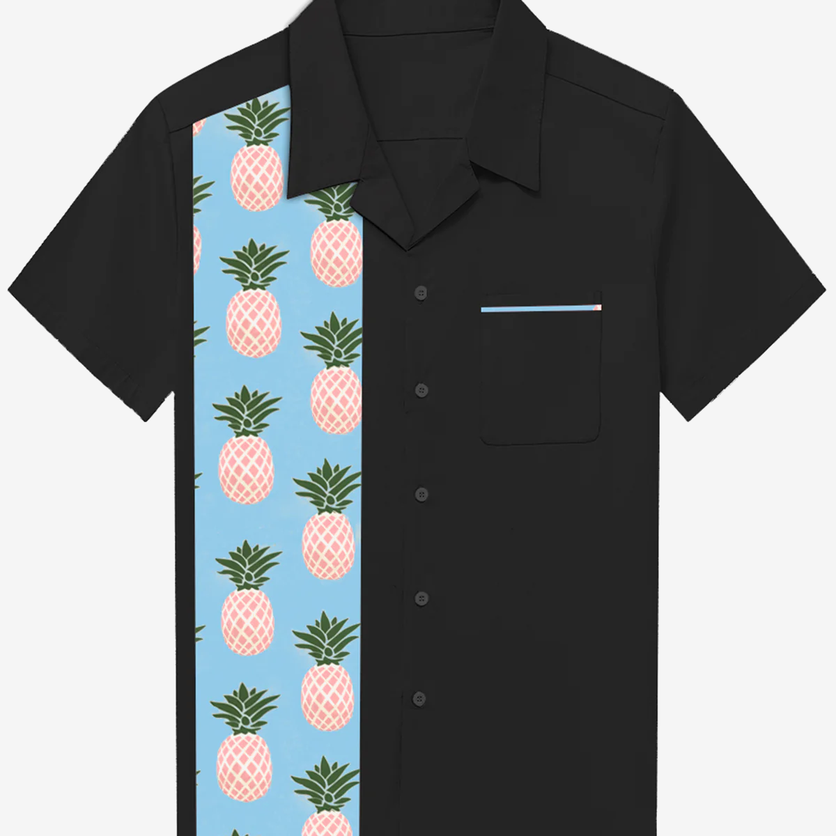 Men's Summer Vintage Cotton Bowling Pineapple Fruit Pocket Short Sleeve Shirt