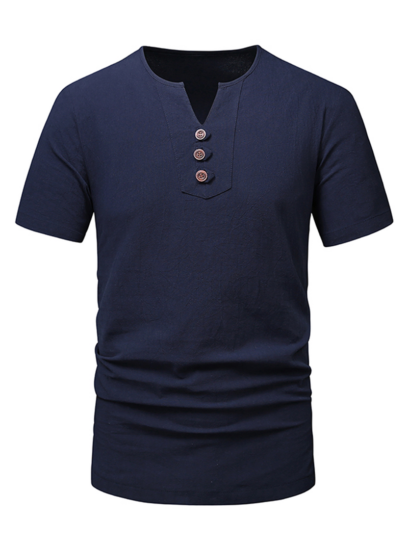 Men's V-neck Cotton Casual Solid Color Summer Short Sleeve Shirt