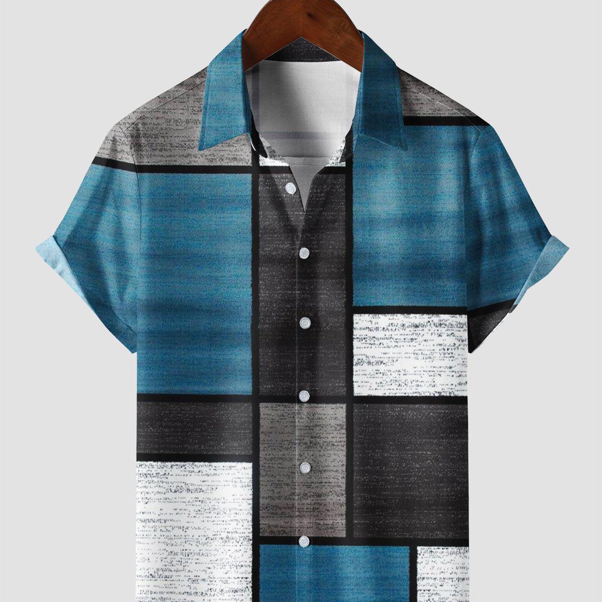 Men's Blue Vintage Abstract Plaid Art Patchwork Print Geometric Resort Hawaiian Short Sleeve Button Up Shirt
