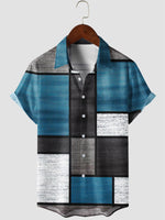 Men's Blue Vintage Abstract Plaid Art Patchwork Print Geometric Resort Hawaiian Short Sleeve Button Up Shirt