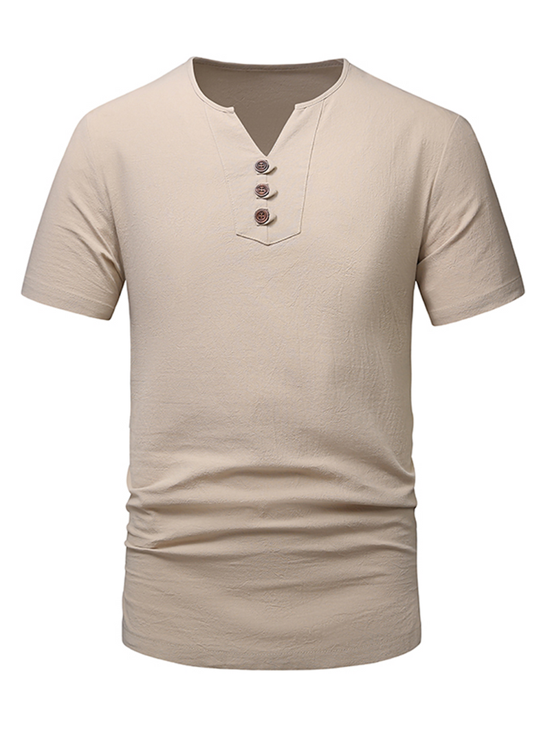 Men's V-neck Cotton Casual Solid Color Summer Short Sleeve Shirt