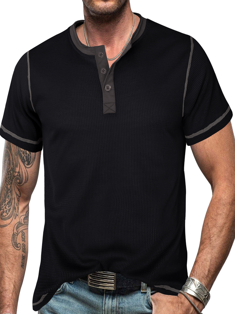 Men's Vintage Solid Color Henley Collar Casual Short Sleeve T-Shirt
