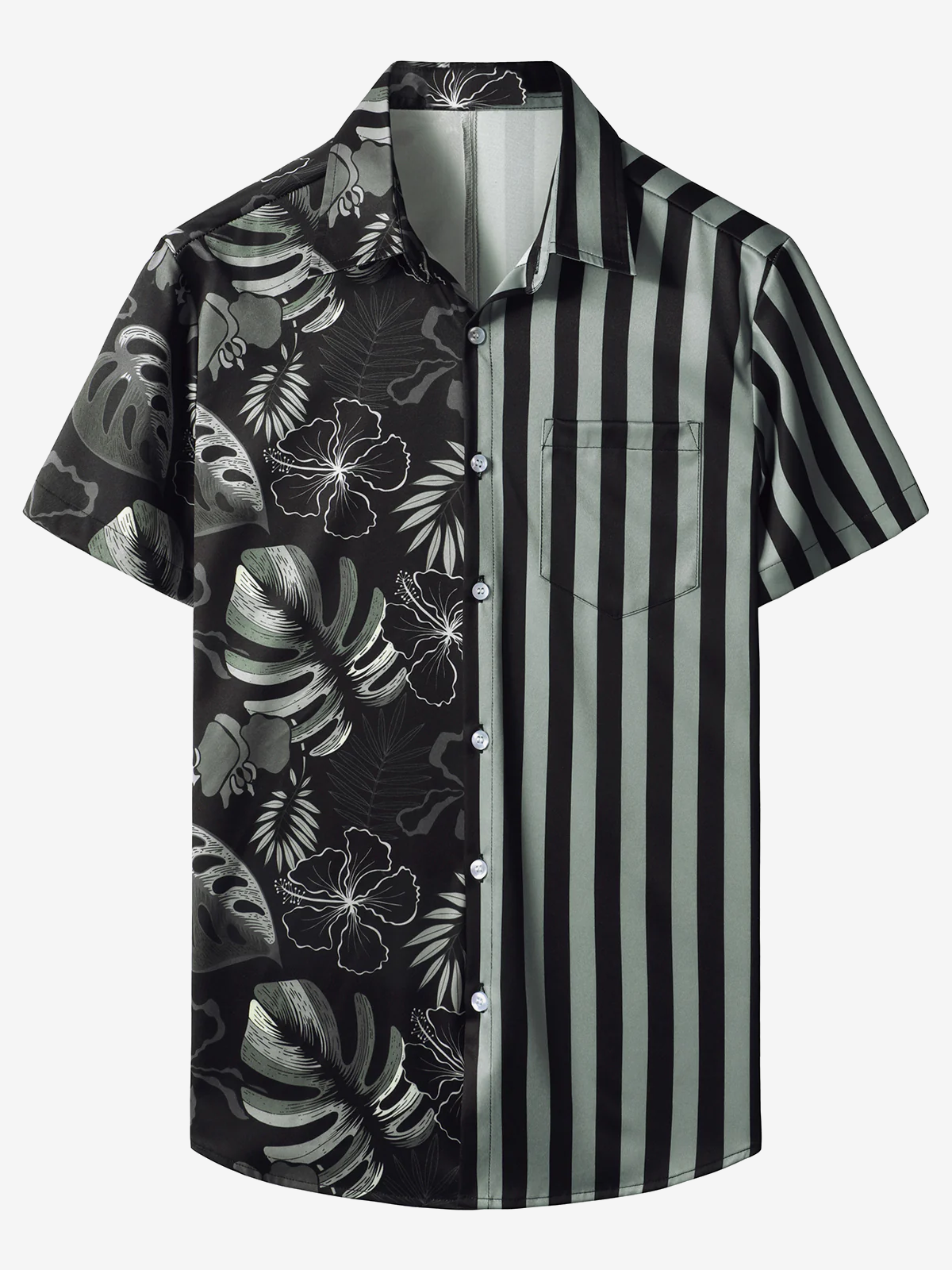 Men's Black Striped & Floral Print Short Sleeve Casual Hawaiian Vacation Beach Shirt