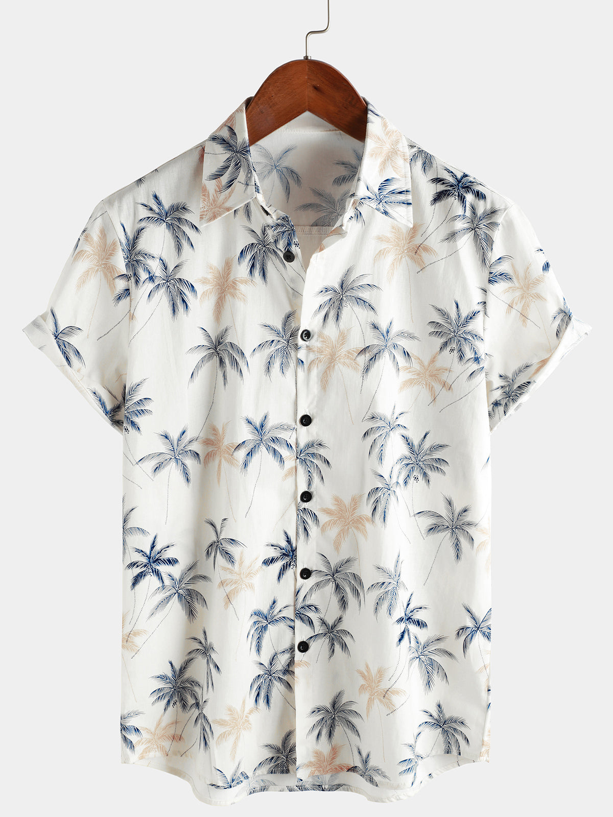Men‘s 100% Cotton Hawaiian Plam Tree Short Sleeve Button Beach Shirt