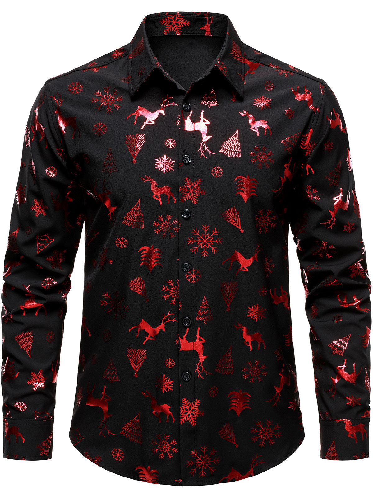 Men's Christmas Party Glittery Red Reindeer Snowflake Print Long Sleeve Button Down Shirt