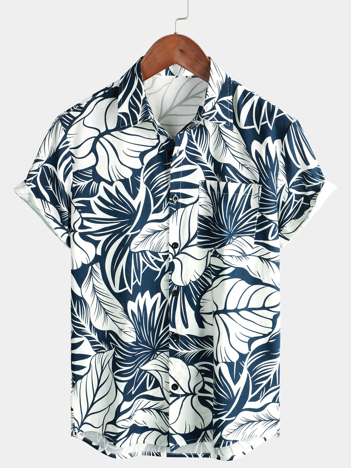 Men's Tropical Plant Print Pocket Cotton Linen Hawaiian Short Sleeve Shirt