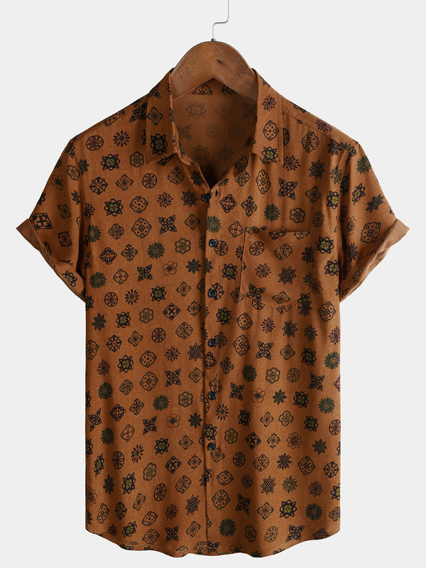 Men’s Vintage Orange Geometric Casual Breathable Short Sleeve Shirt