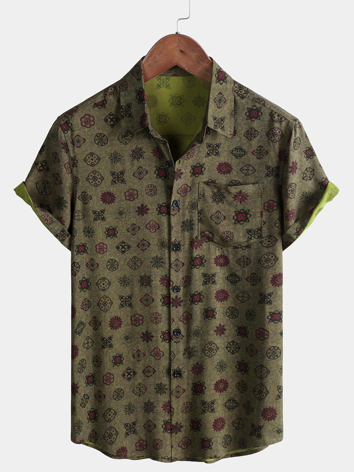 Men’s Vintage Green Geometric Casual Breathable Short Sleeve Shirt
