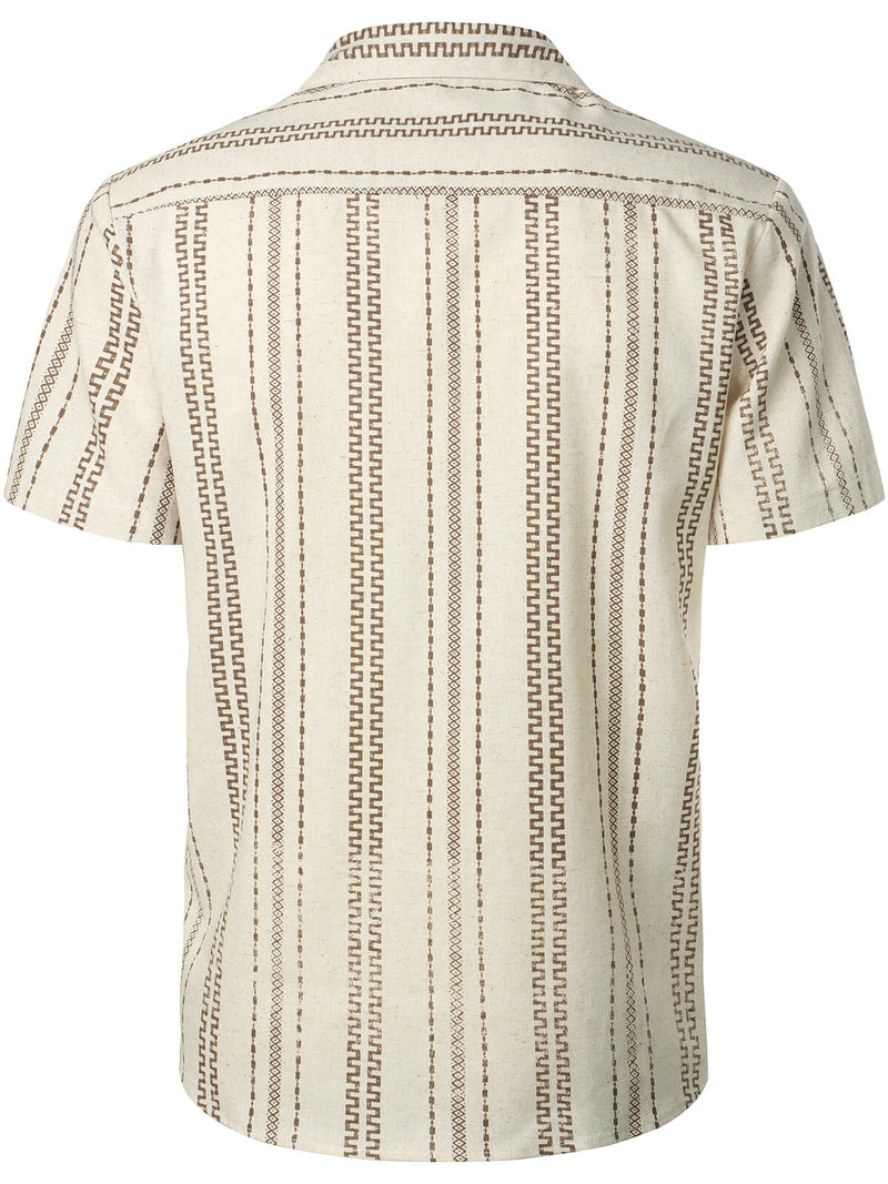 Men's Retro Striped Print Camp Collar Holiday Short Sleeve Button Up Linen Shirt