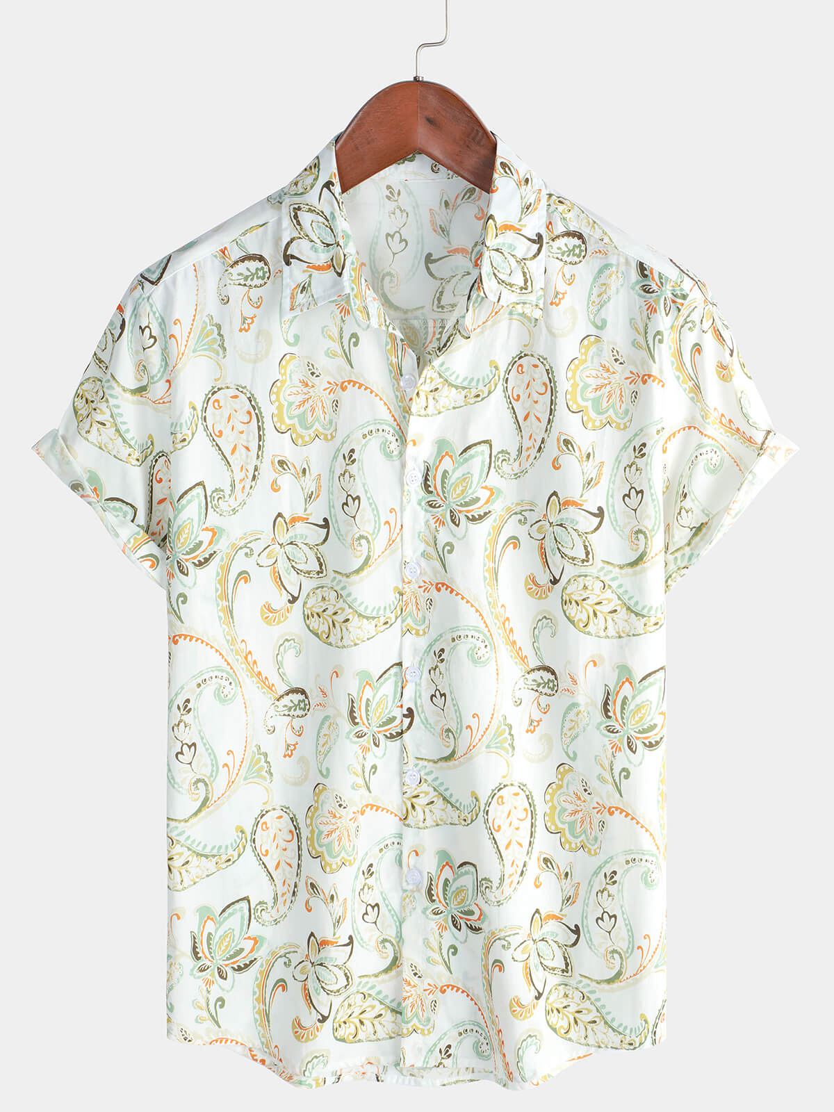 Men's Short Sleeve White Holiday Summer Paisley Floral Button Up Hawaiian Cotton Shirt