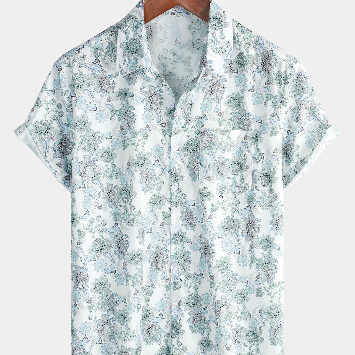 Men's Short Sleeve White Summer Paisley Floral Pocket Button Up Cotton Shirt