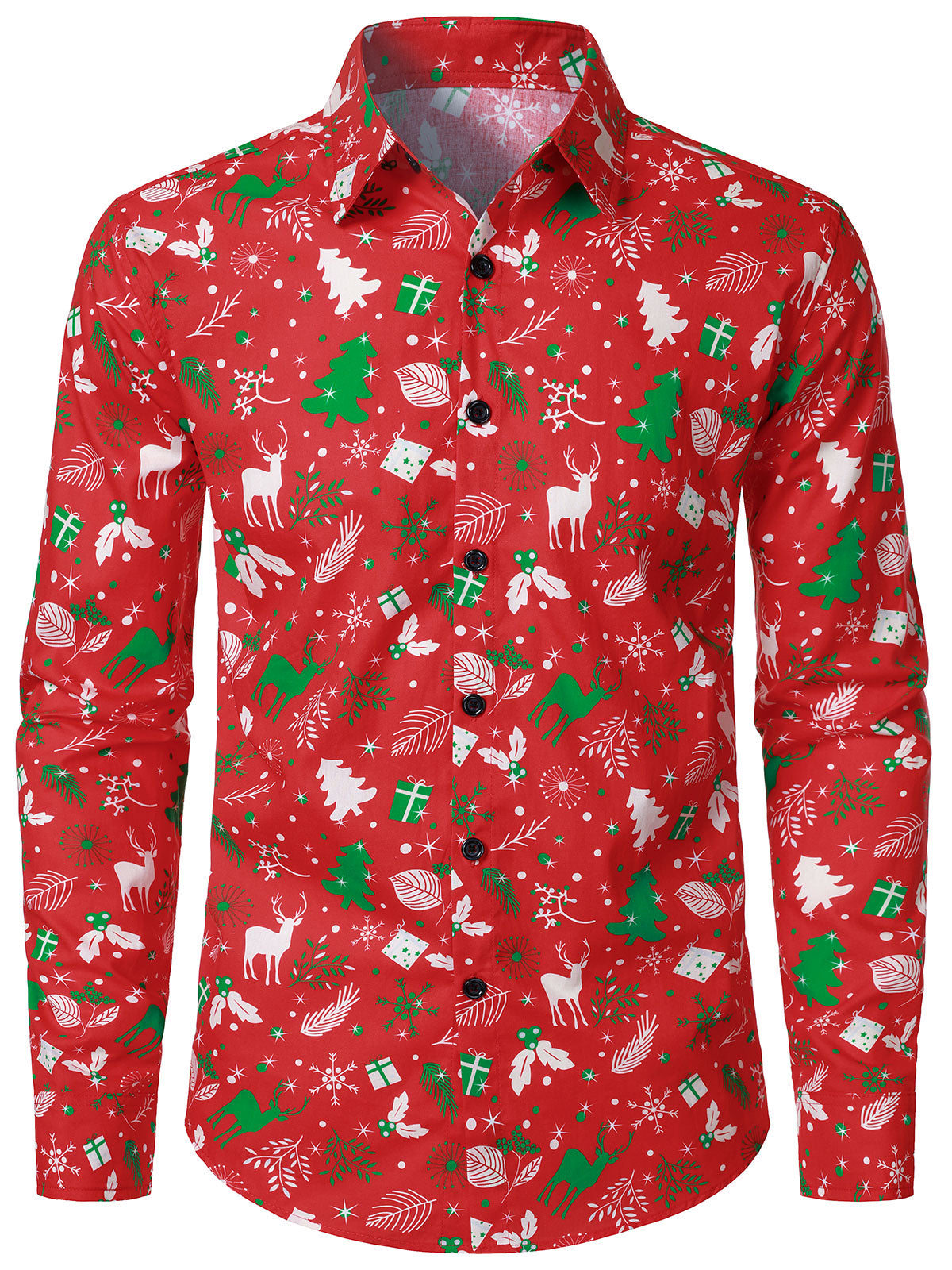 Men's Funny Christmas Tree and Reindeer Red Long Sleeve Shirt