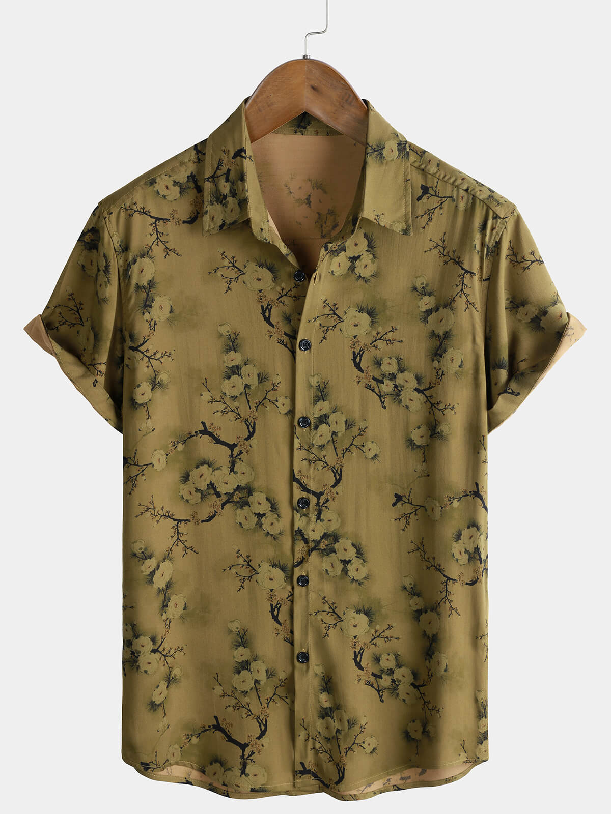 Men's Rayon Ink-Wash Blossom Print Casual Short Sleeve Shirt