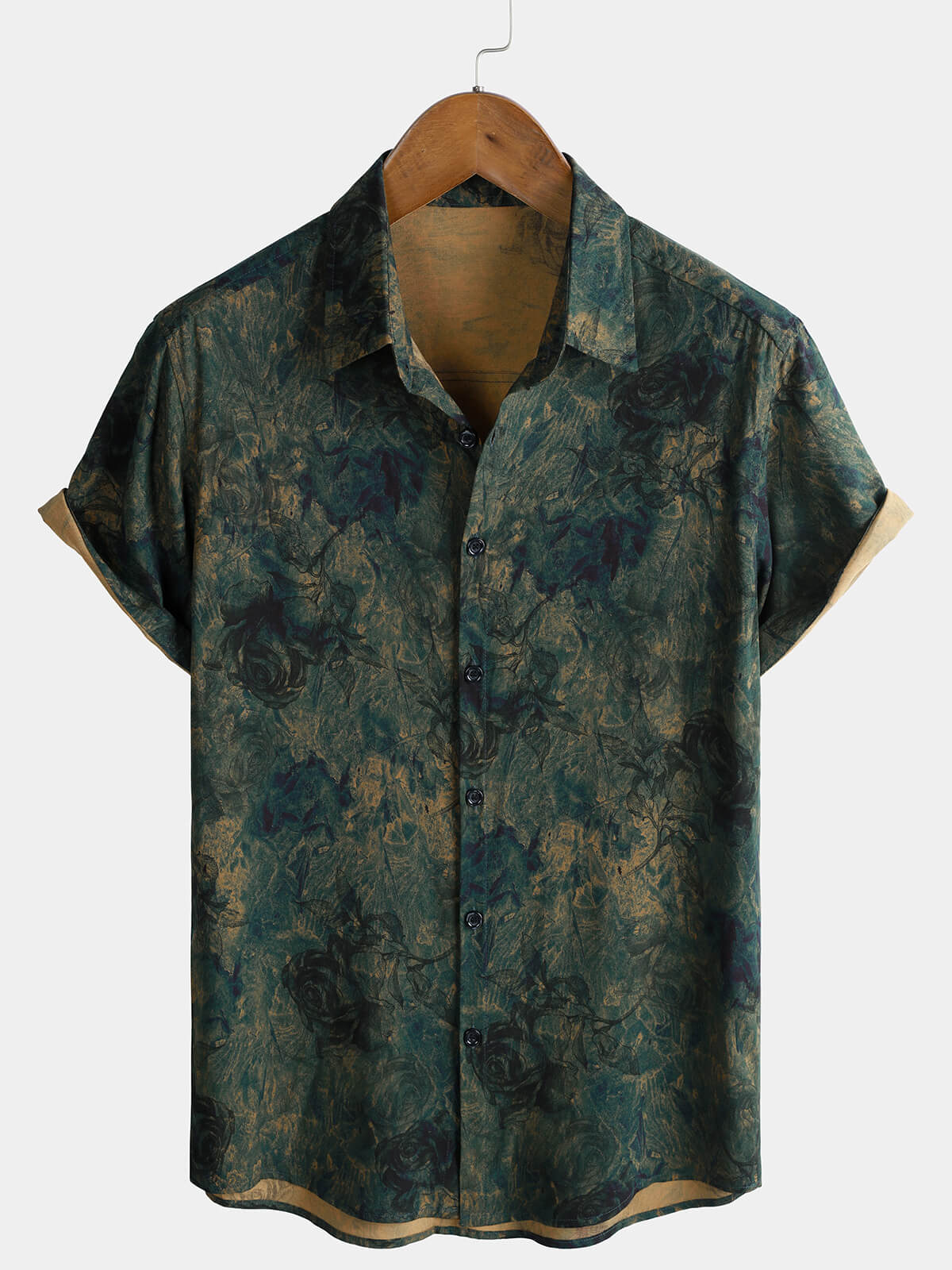Men's Rayon Green Rose Print Vintage Short Sleeve Shirt