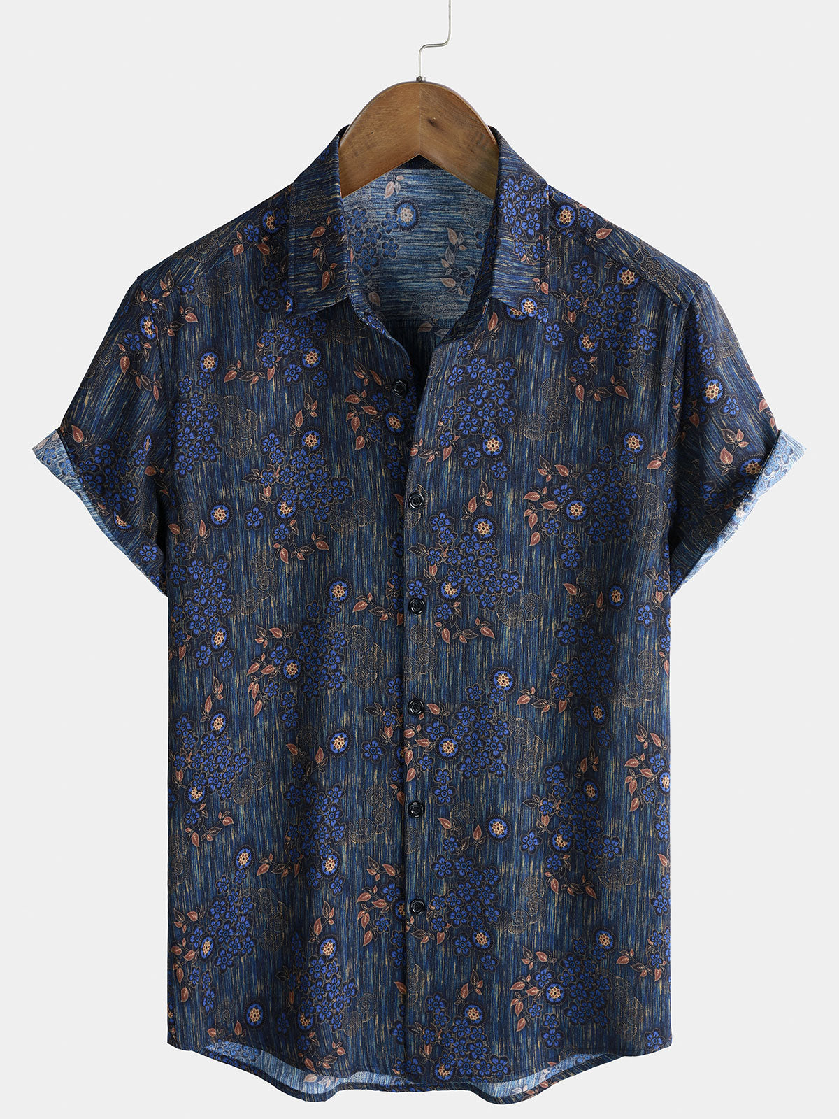 Men's Vintage Blue Floral Print Short Sleeve Shirt
