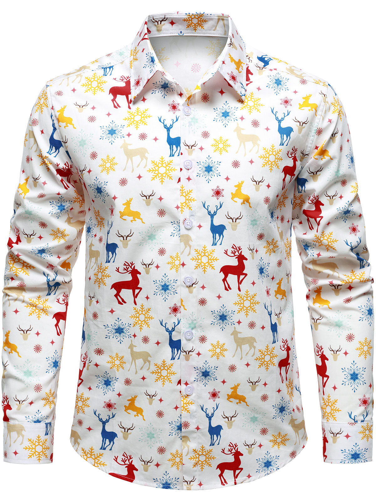 Men's Christmas Themed Festive Reindeer Snowflakes White Long Sleeve Shirt