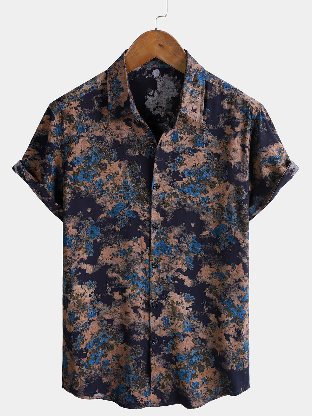 Men's Rayon Navy Blue Abstract Floral Print Casual Short Sleeve Shirt