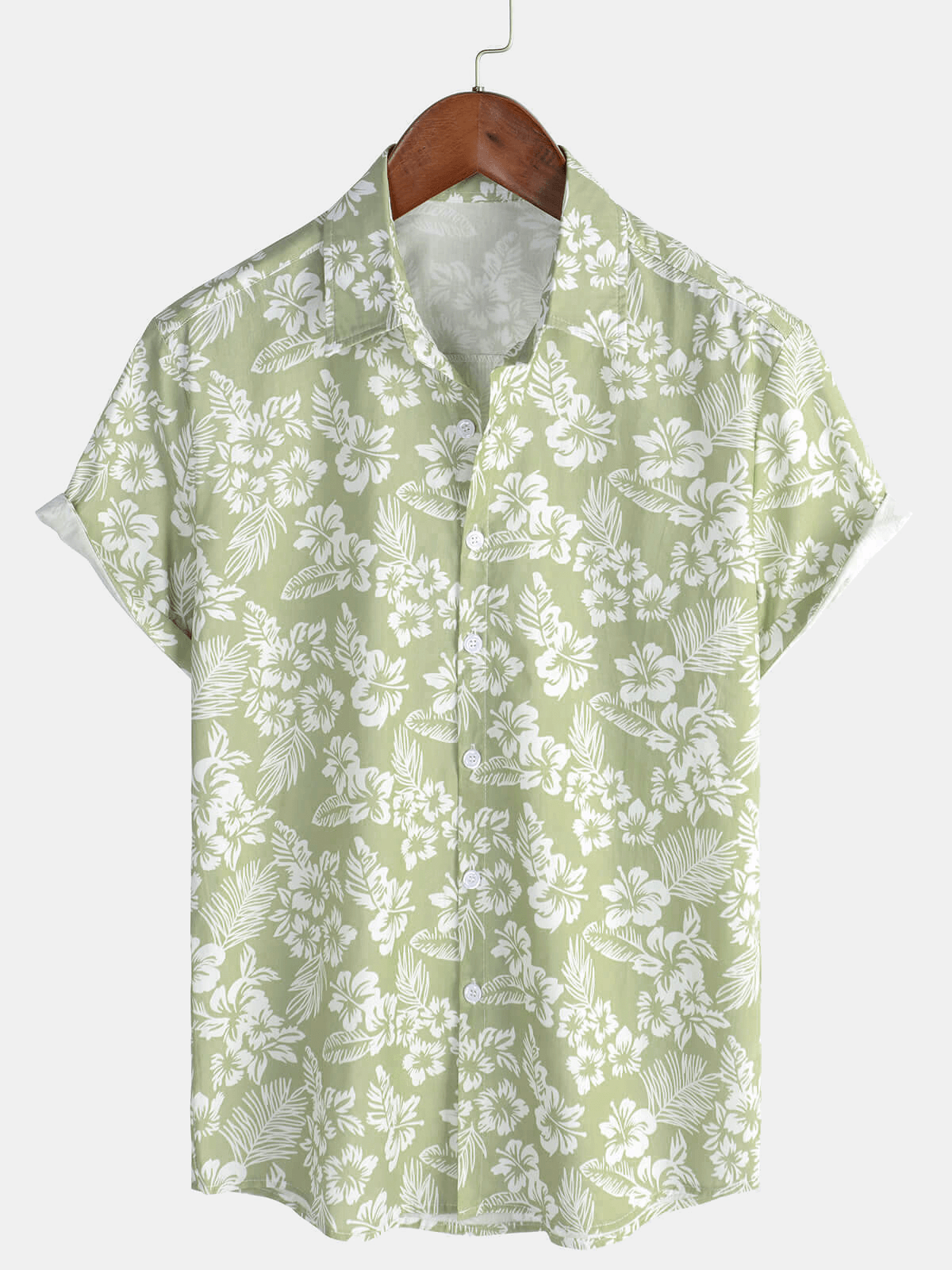 Men's Hawaiian Green Holiday Cotton Summer Floral Button Up Short Sleeve Shirt