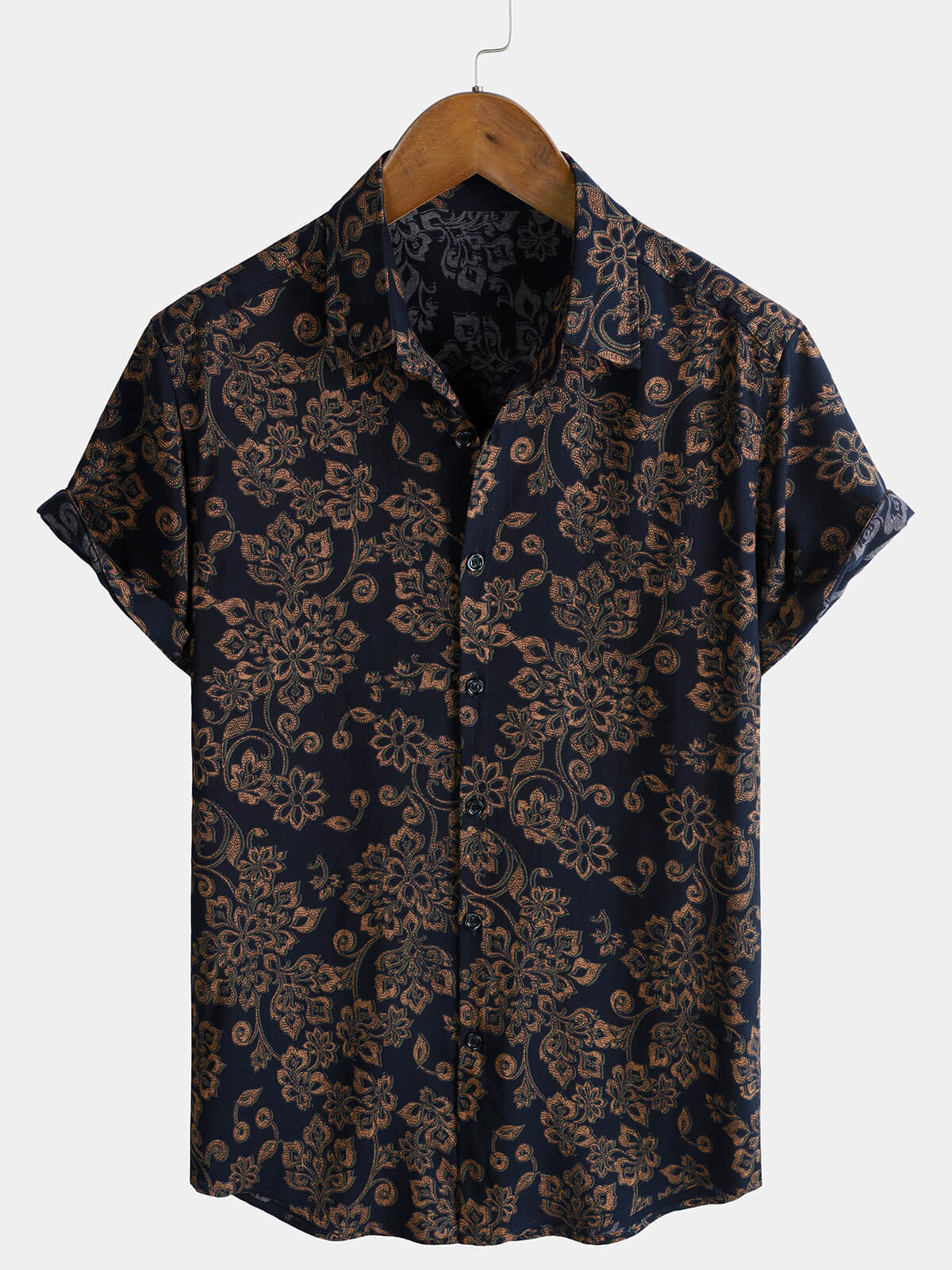 Men's Rayon Navy Paisley Print Retro Boho Short Sleeve Shirt