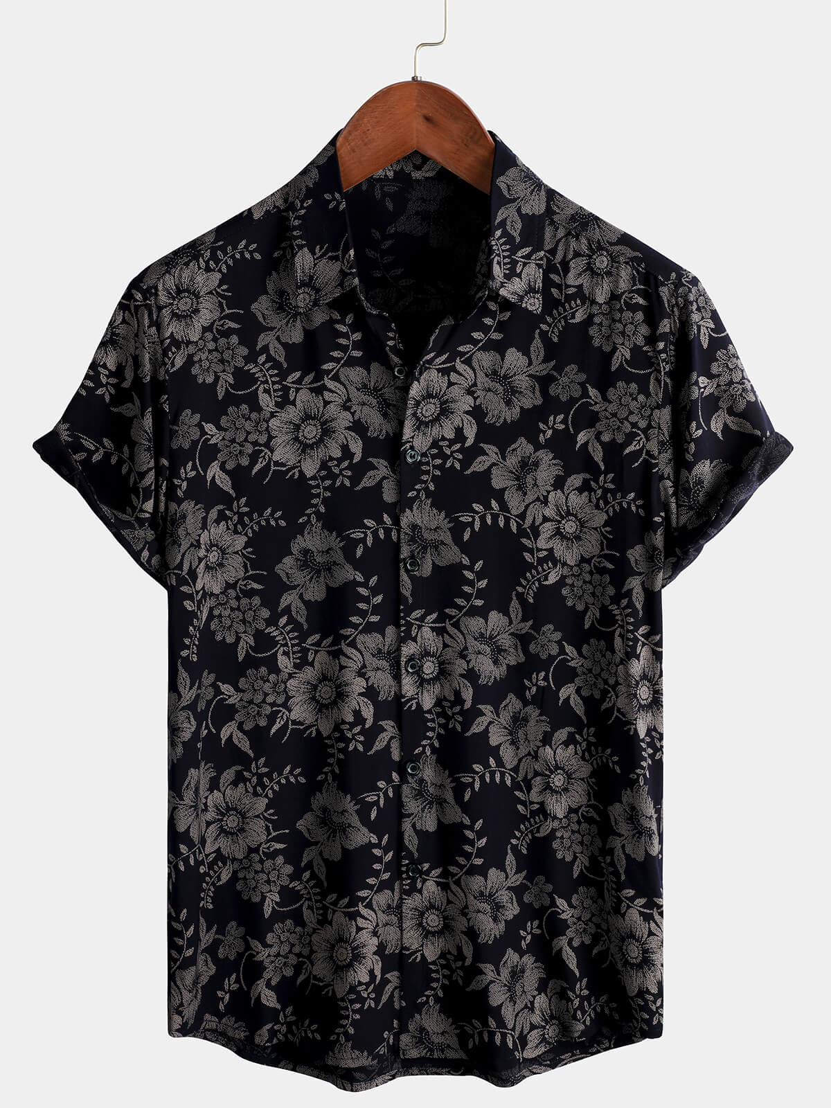 Men's Floral Print Vintage Flower Holiday Breathable Button Up Navy Blue Hawaiian Short Sleeve Shirt