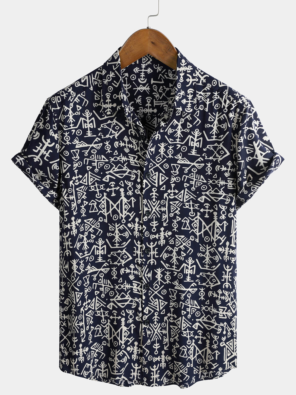 Men's Rayon Navy Blue Tribal Symbol Print Boho Short Sleeve Shirt
