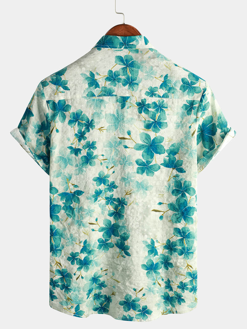 Men's Green Floral Holiday Cotton Hawaiian Cool Short Sleeve Button Up Shirt