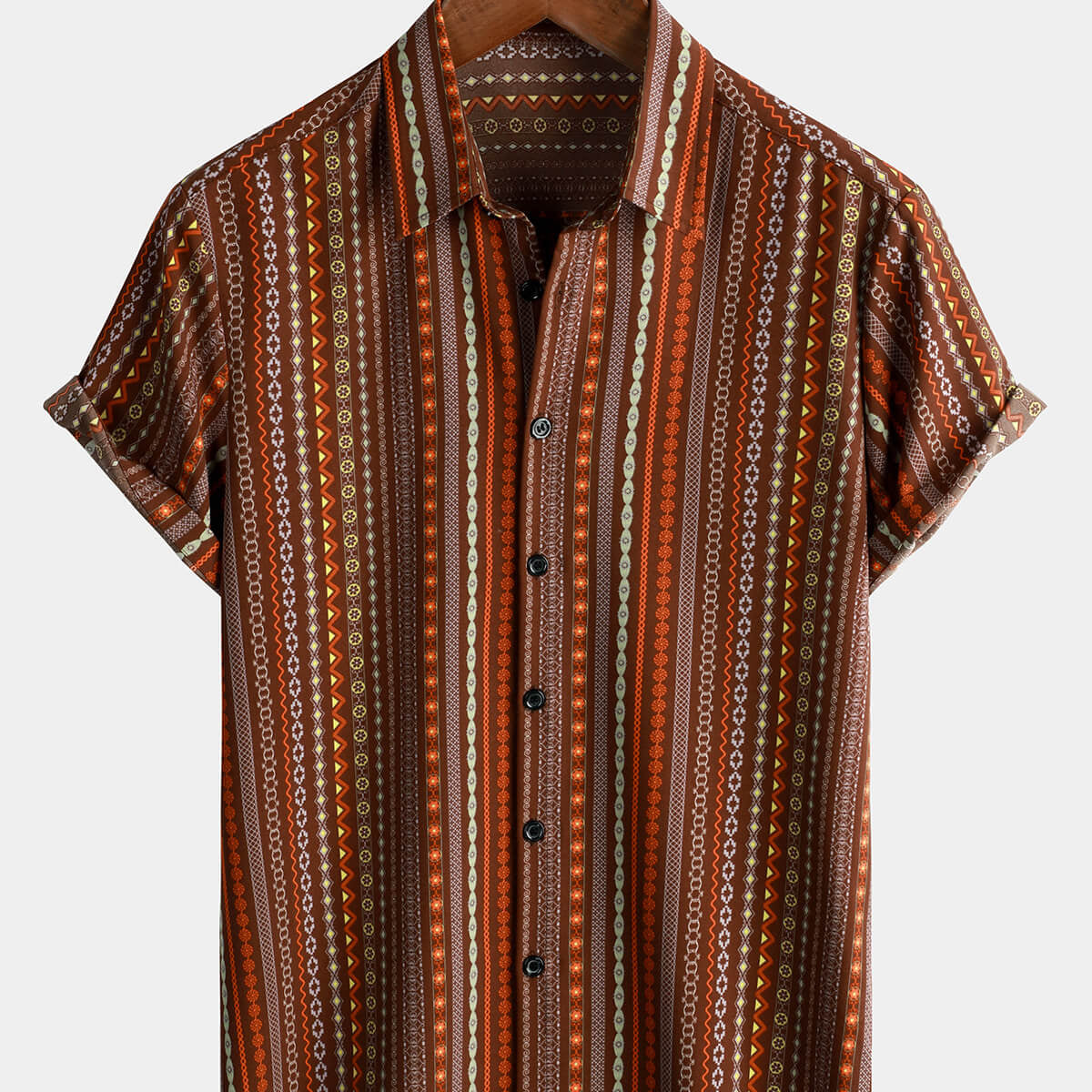 Men's Retro Vintage Striped Short Sleeve 70s Summer Beach Boho Button Up Brown Shirt